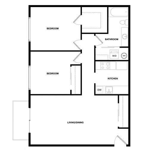 Floor plan for 2 beds, 1 bath, 875 sqft